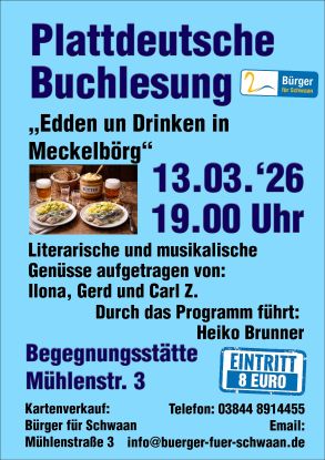 Poster Low German book reading 13032026 12 cm 300, © Bürger für Schwaan e.V. Poster Low German book reading 13032026 12 cm 300, © Bürger für Schwaan e.V.