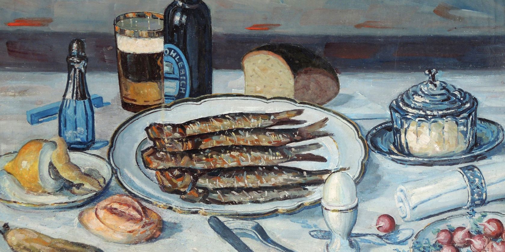 Titel Amtsreport, Bartels Otto, Stillleben mit Brathering und Bier, © Kunstmuseum Schwaan