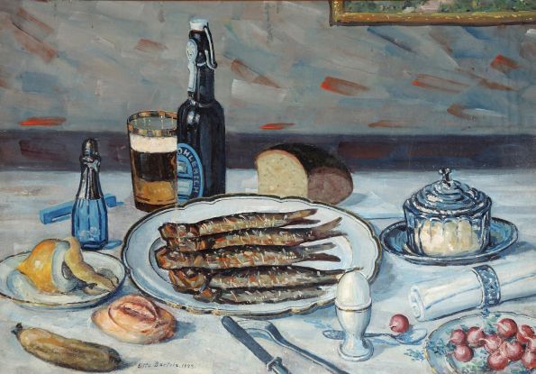 Bartels Otto, Stillleben mit Brathering und Bier,, © Kunstmuseum Schwaan