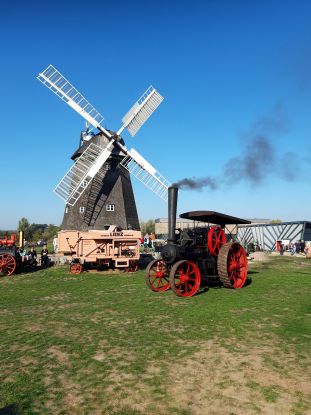 Holländerwindmühle und historische Landmaschinen auf dem Freigelände im AGRONEUM Alt Schwerin, © MuSeEn gGmbH