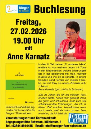 Poster book reading Anne Karnatz 27022026 12 cm frame, &copy; B&uuml;rger f&uuml;r Schwaan e.V.
