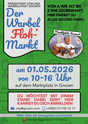 The Warbel FleaMarket on May 1, 2026 from 10 a.m. to 4 p.m. with a marketplace concert by Mastermunk (catch-up date), &copy; Warbelstadt Gnoien